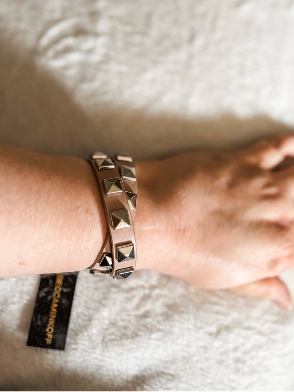 NWT! Rebecca Minkoff Studded Leather Wrap Bracelet - Silver & Blush Pink